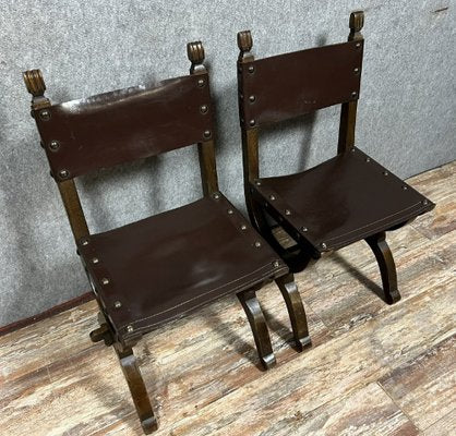 Medieval Style Chairs in Wood and Leather, Set of 2-MWB-1798394