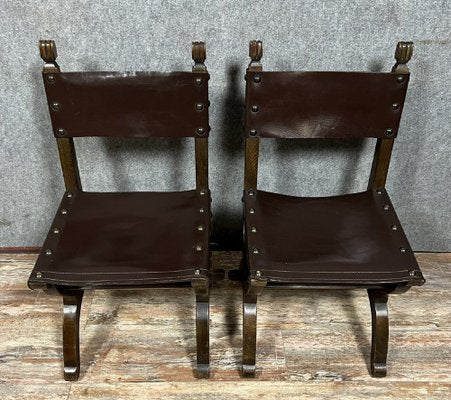 Medieval Style Chairs in Wood and Leather, Set of 2-MWB-1798394