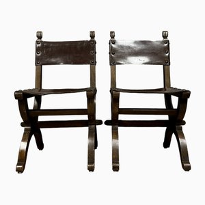 Medieval Style Chairs in Wood and Leather, Set of 2-MWB-1798394