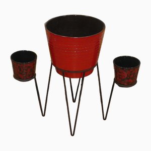 Metal Hairpinleg Plant Stand with 3 Ceramic Flower Pots, 1960s, Set of 4-AFE-1793188