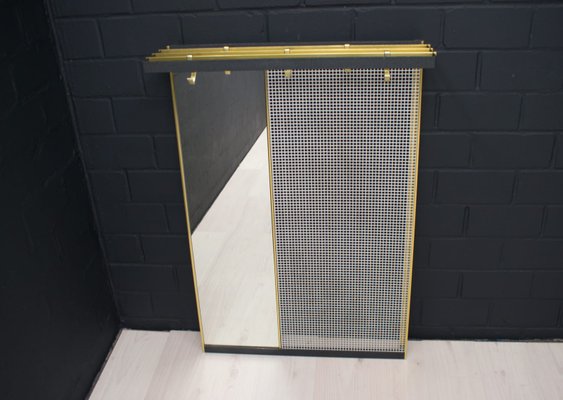 Metal Wall Coat Rack with Mirror and Brass Hooks, 1950s-KQB-688665