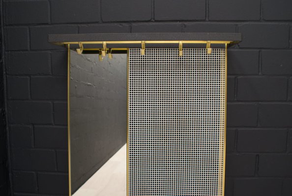 Metal Wall Coat Rack with Mirror and Brass Hooks, 1950s-KQB-688665