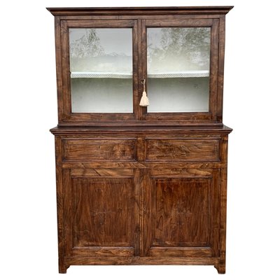 Mid 19th-Century 2-Part Step Back Walnut Pie Safe Cupboard with Glass Doors-PSK-1002604