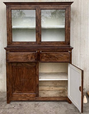 Mid 19th-Century 2-Part Step Back Walnut Pie Safe Cupboard with Glass Doors-PSK-1002604