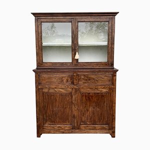 Mid 19th-Century 2-Part Step Back Walnut Pie Safe Cupboard with Glass Doors-PSK-1002604