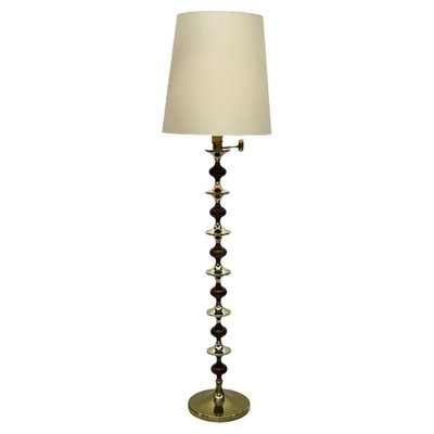 Mid 20th Century Floor Lamp with Wooden Stem Stacked with Brass-UCH-1224223