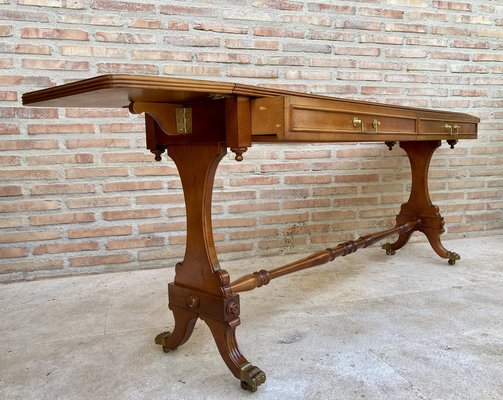 Mid-20th Century Winged Console Table in Walnut with Claw Feet in Bronze with Two Drawers and Wheels-NOU-1160479