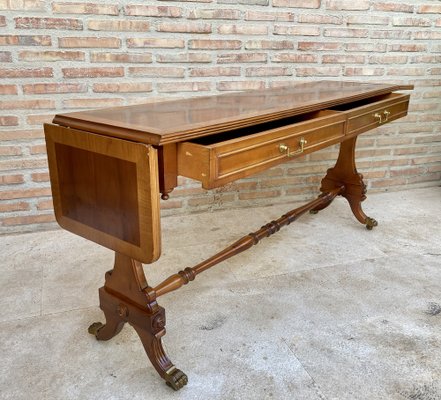 Mid-20th Century Winged Console Table in Walnut with Claw Feet in Bronze with Two Drawers and Wheels-NOU-1160479