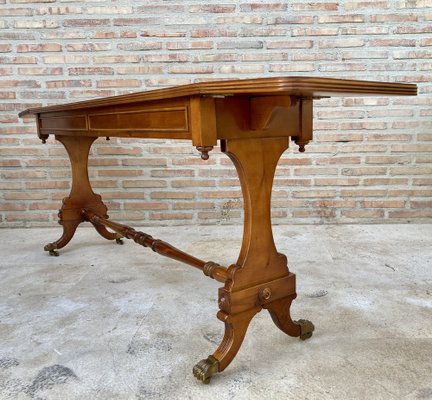 Mid-20th Century Winged Console Table in Walnut with Claw Feet in Bronze with Two Drawers and Wheels-NOU-1160479