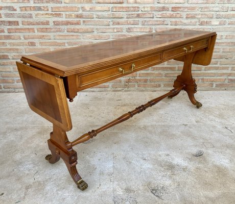 Mid-20th Century Winged Console Table in Walnut with Claw Feet in Bronze with Two Drawers and Wheels-NOU-1160479