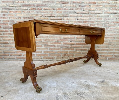 Mid-20th Century Winged Console Table in Walnut with Claw Feet in Bronze with Two Drawers and Wheels-NOU-1160479