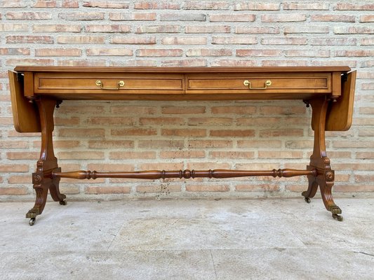 Mid-20th Century Winged Console Table in Walnut with Claw Feet in Bronze with Two Drawers and Wheels-NOU-1160479