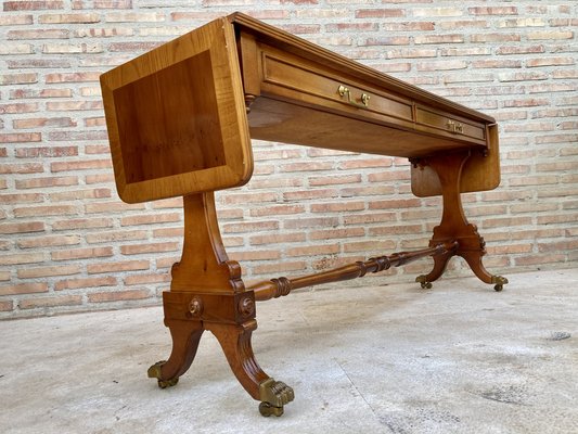 Mid-20th Century Winged Console Table in Walnut with Claw Feet in Bronze with Two Drawers and Wheels-NOU-1160479