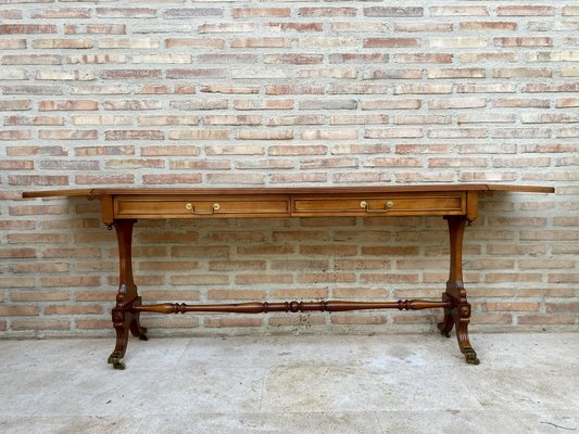 Mid-20th Century Winged Console Table in Walnut with Claw Feet in Bronze with Two Drawers and Wheels-NOU-1160479