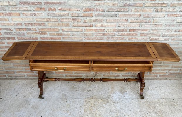 Mid-20th Century Winged Console Table in Walnut with Claw Feet in Bronze with Two Drawers and Wheels-NOU-1160479