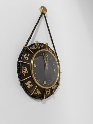 Mid 20th Century Zodiac Wall Clock in Black Metal & Brass, Germany, 1960s-UIW-2018068