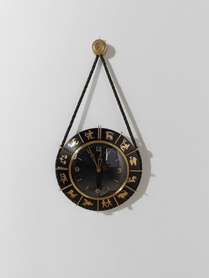 Mid 20th Century Zodiac Wall Clock in Black Metal & Brass, Germany, 1960s-UIW-2018068