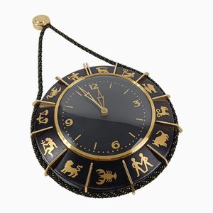 Mid 20th Century Zodiac Wall Clock in Black Metal & Brass, Germany, 1960s-UIW-2018068