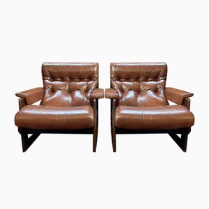 Mid-Centry Leather and Mahogany Chairs, Set of 2-NSG-2041613