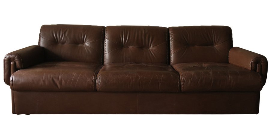 Mid-Century 3-Seater Sofa in Stitched Brown Leather, 1970s-ED-1749668