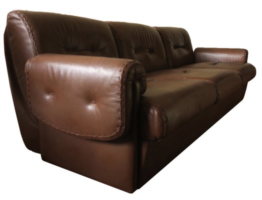 Mid-Century 3-Seater Sofa in Stitched Brown Leather, 1970s-ED-1749668