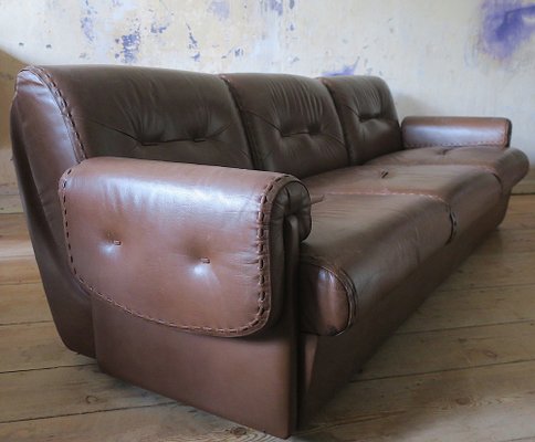 Mid-Century 3-Seater Sofa in Stitched Brown Leather, 1970s-ED-1749668