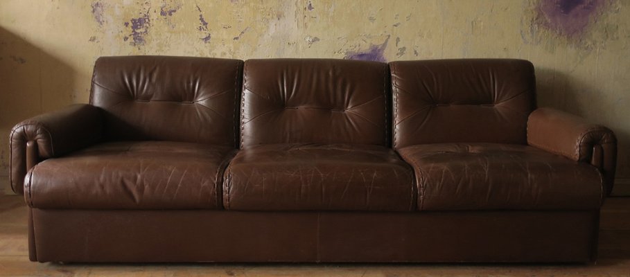 Mid-Century 3-Seater Sofa in Stitched Brown Leather, 1970s-ED-1749668