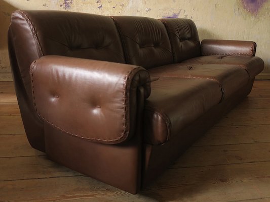 Mid-Century 3-Seater Sofa in Stitched Brown Leather, 1970s-ED-1749668