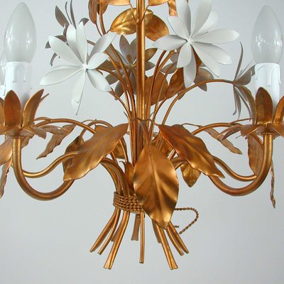 Mid-Century 5-Light Gilt Leaf & White Blossom Chandelier by Hans Kögl, 1970s-OE-897809