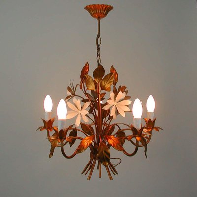 Mid-Century 5-Light Gilt Leaf & White Blossom Chandelier by Hans Kögl, 1970s-OE-897809