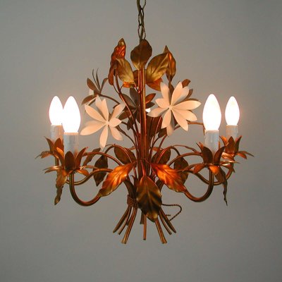 Mid-Century 5-Light Gilt Leaf & White Blossom Chandelier by Hans Kögl, 1970s-OE-897809