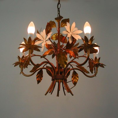 Mid-Century 5-Light Gilt Leaf & White Blossom Chandelier by Hans Kögl, 1970s-OE-897809