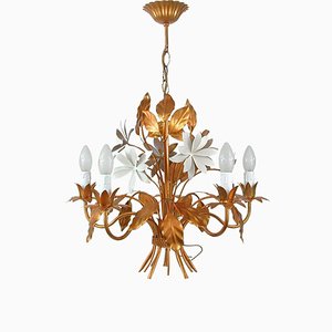 Mid-Century 5-Light Gilt Leaf & White Blossom Chandelier by Hans Kögl, 1970s-OE-897809