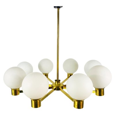 Mid-Century 8-Arm Brass and Opaline Glass Chandelier, 1960s-PUK-1092450