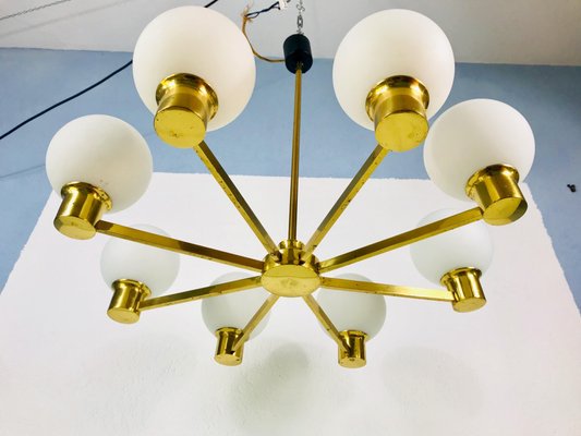 Mid-Century 8-Arm Brass and Opaline Glass Chandelier, 1960s-PUK-1092450