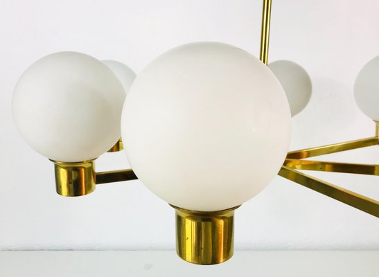 Mid-Century 8-Arm Brass and Opaline Glass Chandelier, 1960s-PUK-1092450