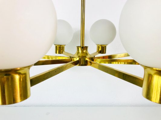 Mid-Century 8-Arm Brass and Opaline Glass Chandelier, 1960s-PUK-1092450