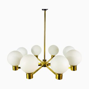 Mid-Century 8-Arm Brass and Opaline Glass Chandelier, 1960s-PUK-1092450