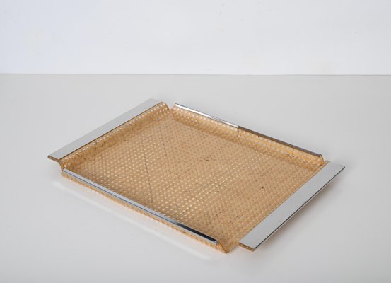 Mid-Century Acrylic Chrome and Vienna Straw Serving Tray from Christian Dior, 1970s-JDR-1779819