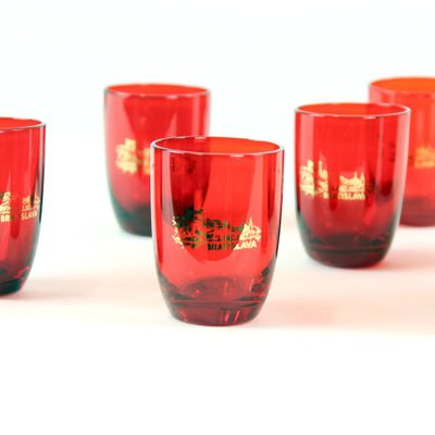 Mid-Century Alcohol Bottle & Shot Set in Red Glass, Czechoslovakia, 1960s, Set of 7-UL-750727