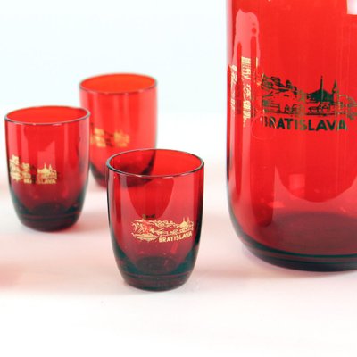 Mid-Century Alcohol Bottle & Shot Set in Red Glass, Czechoslovakia, 1960s, Set of 7-UL-750727