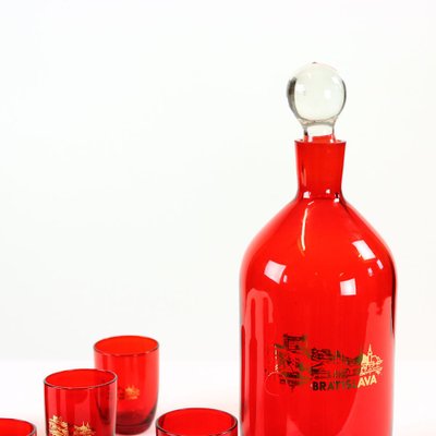 Mid-Century Alcohol Bottle & Shot Set in Red Glass, Czechoslovakia, 1960s, Set of 7-UL-750727