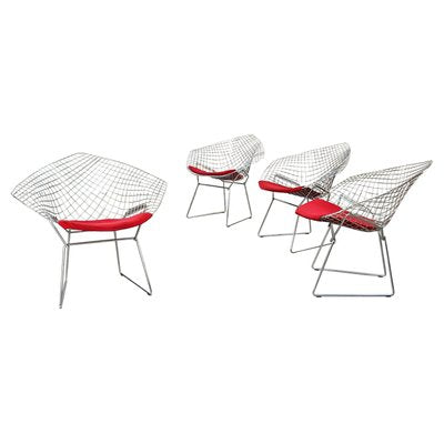 Mid-Century American Red Upholstery and Steel Diamond Armchairs by Bertoia for Knoll, 1970, Set of 4-GDD-1116555