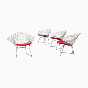 Mid-Century American Red Upholstery and Steel Diamond Armchairs by Bertoia for Knoll, 1970, Set of 4-GDD-1116555