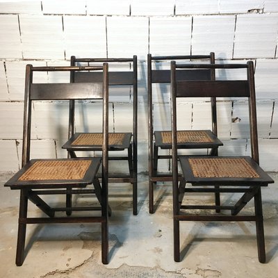 Mid-Century American Walnut and Straw Folding Chairs, 1950s, Set of 4-BVG-632824