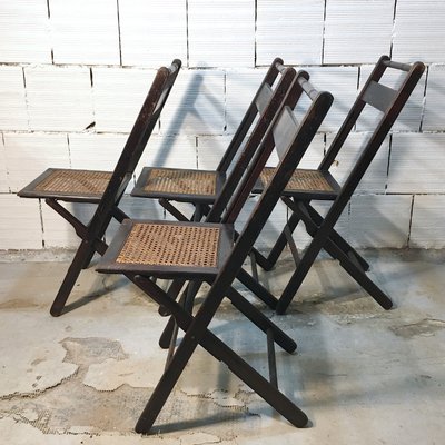 Mid-Century American Walnut and Straw Folding Chairs, 1950s, Set of 4-BVG-632824