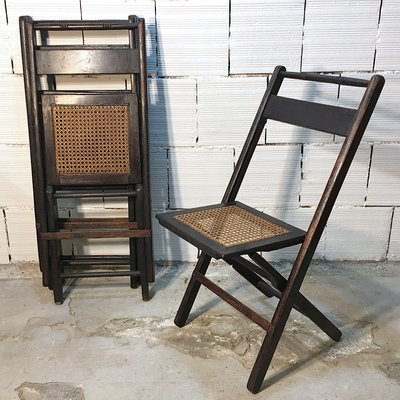 Mid-Century American Walnut and Straw Folding Chairs, 1950s, Set of 4-BVG-632824