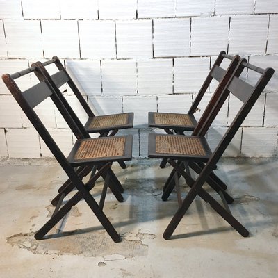 Mid-Century American Walnut and Straw Folding Chairs, 1950s, Set of 4-BVG-632824