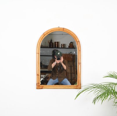 Mid-Century Arch Mirror with Double Bamboo Frame and Rattan Wicker, Italy, 1970s-JDR-1784821