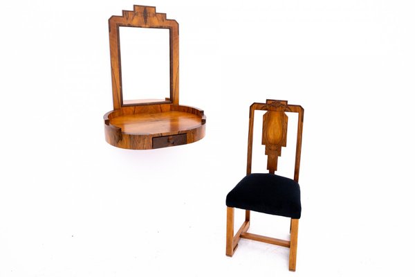 Mid-Century Art Deco Style Dressing Table and Chair, Poland, 1950s, Set of 2-BXB-1811513